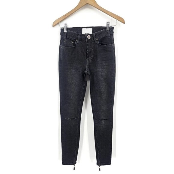 NWT One Teaspoon High Waist Freebirds Jeans Womens 22 Worn Raven Black Zip Ankle - Picture 3 of 7